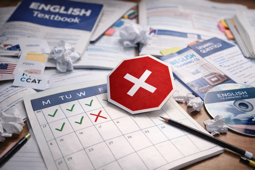 英語学習の継続が難しい原因と挫折のイメージ